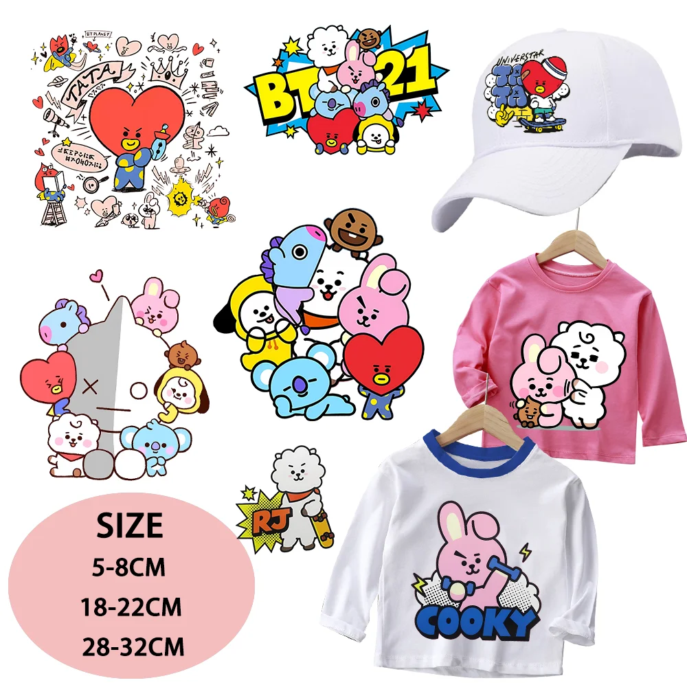 BT21 Heat Transfer Sticker Sweatshirt Clothes Hat DIY COOKY TATA Cute Cartoon Anime Patches Iron on Patches Decal Appliqu Gift
