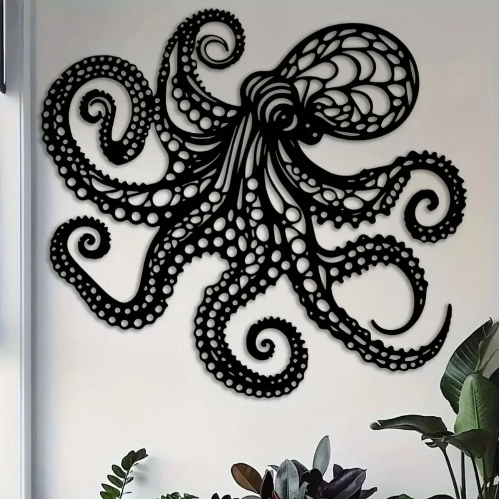 Large Metal Octopus Wall Art Sculpture Victorian Gothic Black Laser-Cut Tentacles Nautical Bathroom Decorative Metal Piece
