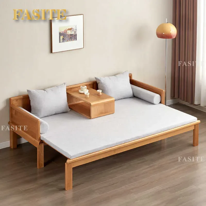 For Small Apartment Solid Wood Cherry Arhat Bed Push Pull Retractable Sofa Bed Combination Tea Room Sleeping Furniture Space