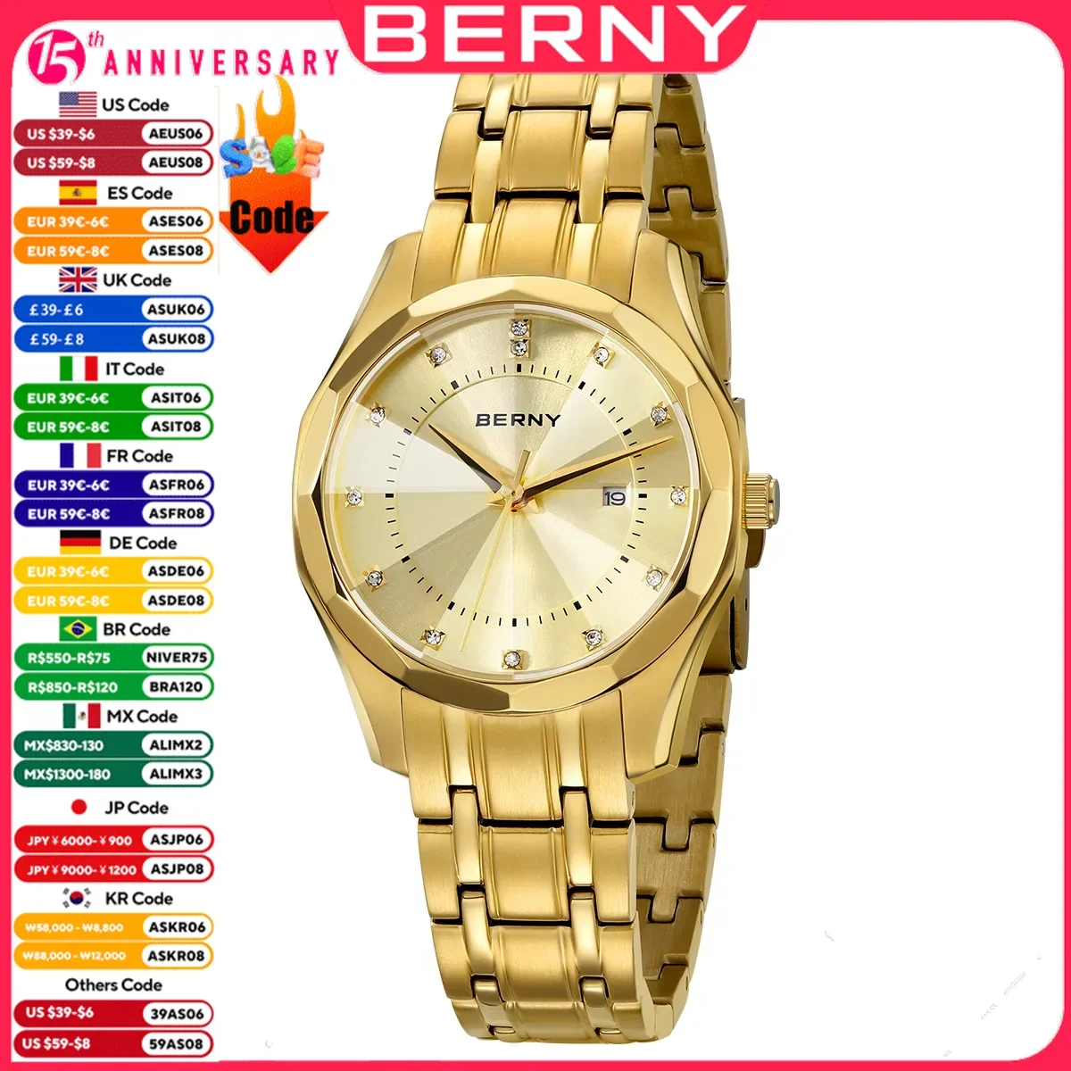 BERNY Watch for Women Wristwatch Waterproof Golden Clock Quartz Stainless Steel Fashion Men Ladies Watch