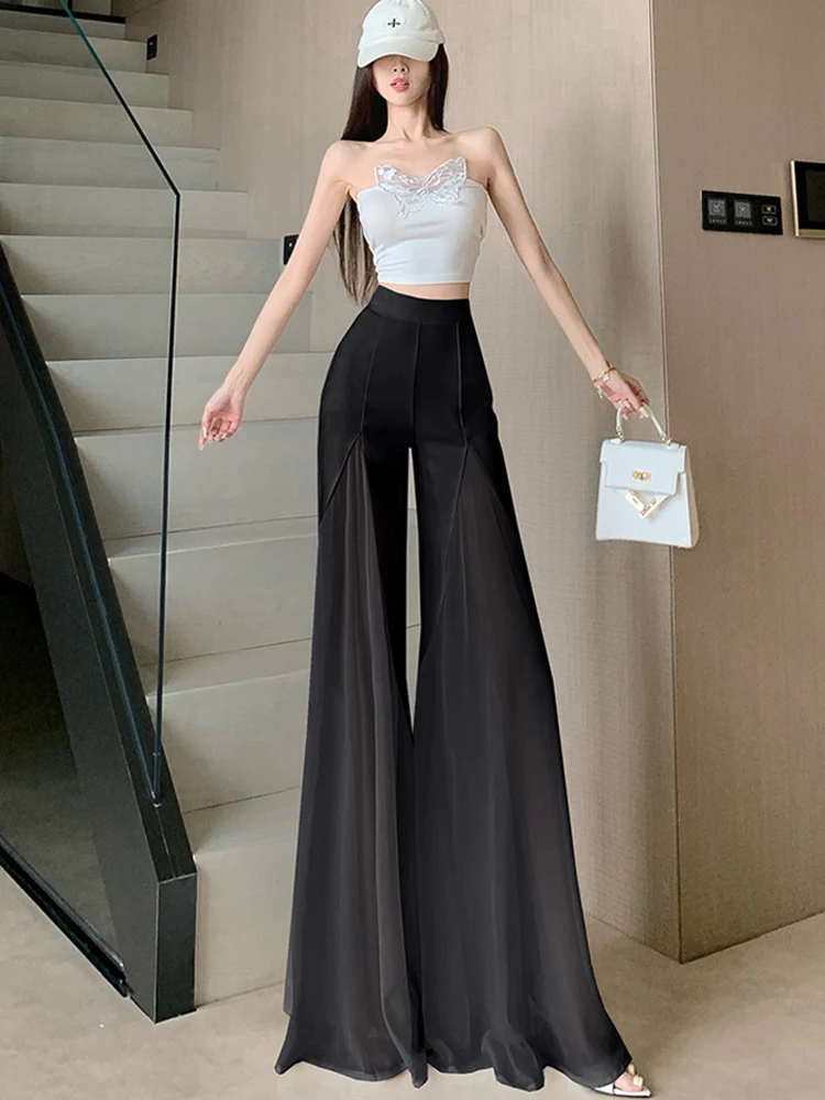 Weiße Mesh-Fischschwanz-Schlaghose für Damen, Sommer, dünnes Design, hohe Taille, hängendes Gefühl, elegante Chiffon-Freizeithose mit weitem Bein