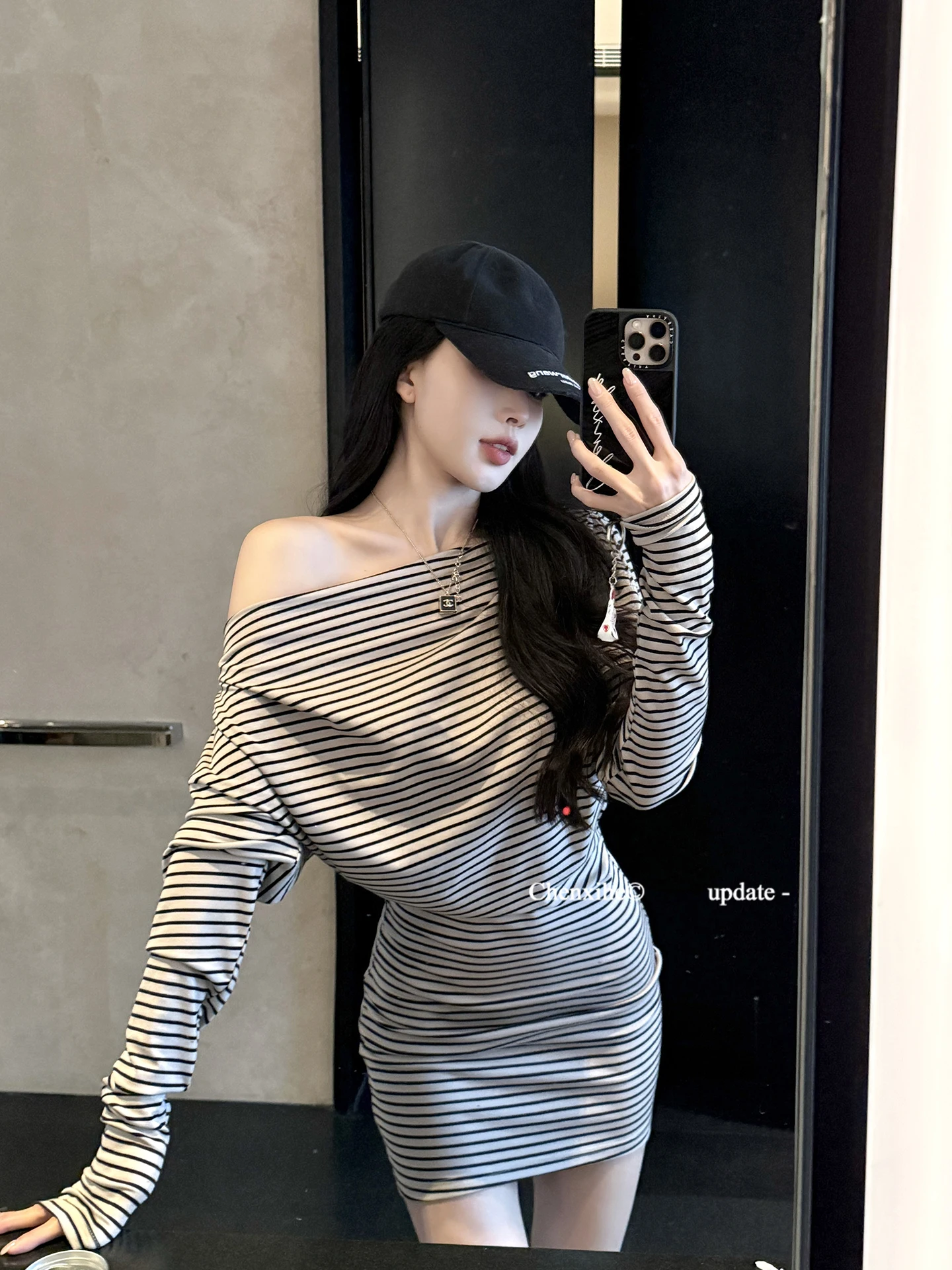 

Spring Autumn Lace-Up Shoulder Stripe Knitted Dress Slimming Casual Long Sleeve Women's Dress Comfortable Elastic Fiber Dress