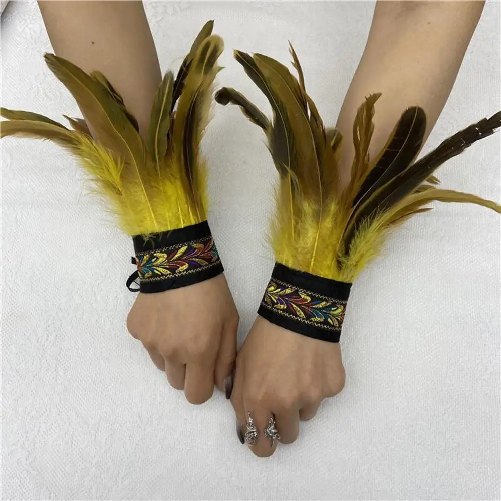 Guantes de plumas de encaje para fiesta, guantes largos góticos para mujer, puños de muñeca, manoplas bordadas, gancho, puños de piel, accesorio para escenario, guantes para dedo