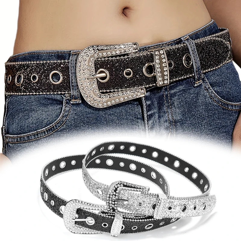 Punk Rhinestone Belts Women Men Y2K Diamond Bling PU Metal Belt Daily Leisure Dress Jeans Fashion Shiny Unisex Glitter Waistband