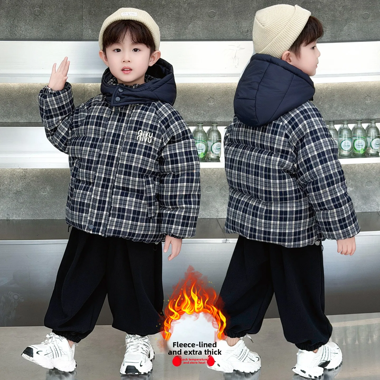 

Зимняя хлопковая куртка в клетку для мальчиков, повседневная, с капюшоном, на молнии, из полиэфирного волокна, молодежная и яркая