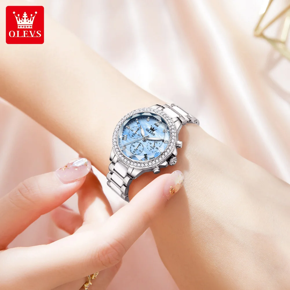 OLEVS Diamond Woman Watch Chronograph Waterproof Women\'s Watches Luxury Ceramics Strap Rhombic Mirror Ladies Quartz Wristwatches