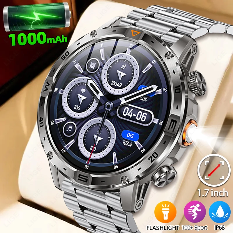 

LIGE New 1000mAh Smart Watch Men Sports Fitness LED Flashlight Compass Outdoor Watches IP68 Waterproof Bluetooth Call Smartwatch
