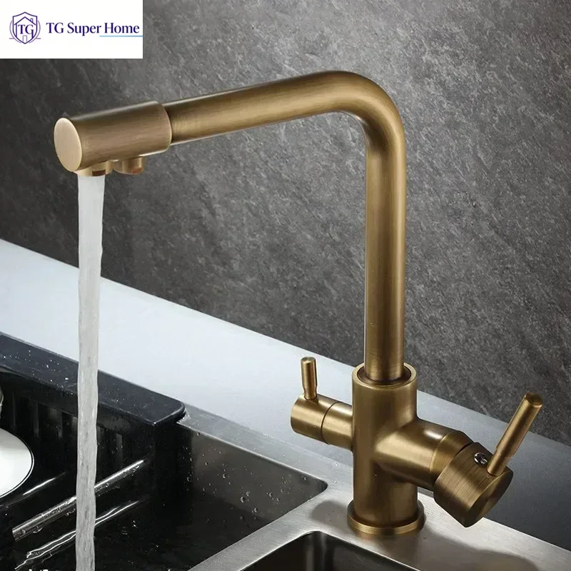 Brass Vintage Kitchen Faucet Pull Out Rotatable Hot Cold Water Mixer Tap 2 in 1 Drinking Water Purifier Tap for EU