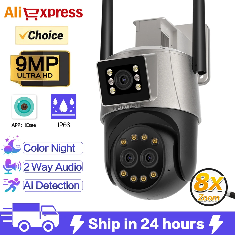 

9MP 5K PTZ Camera Dual-Lens 8X Zoom Human Detect CCTV Security Camera Color Night Vision Outdoor Wifi Surveillance Camera ICsee