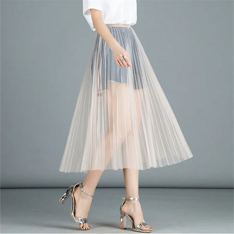 Jupe longue en tulle transparent pour femme, sexy, maille, dentelle, mode coréenne, taille haute, élastique, noir, blanc, plage, midi, été