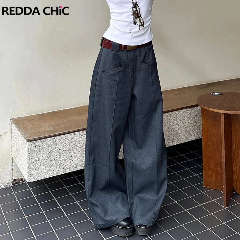 ReddaChic Business Women Pintuck High Rise Suit Pants Casual Straight Wide Leg Gray Solid Draped Long Trousers OL Female Clothes