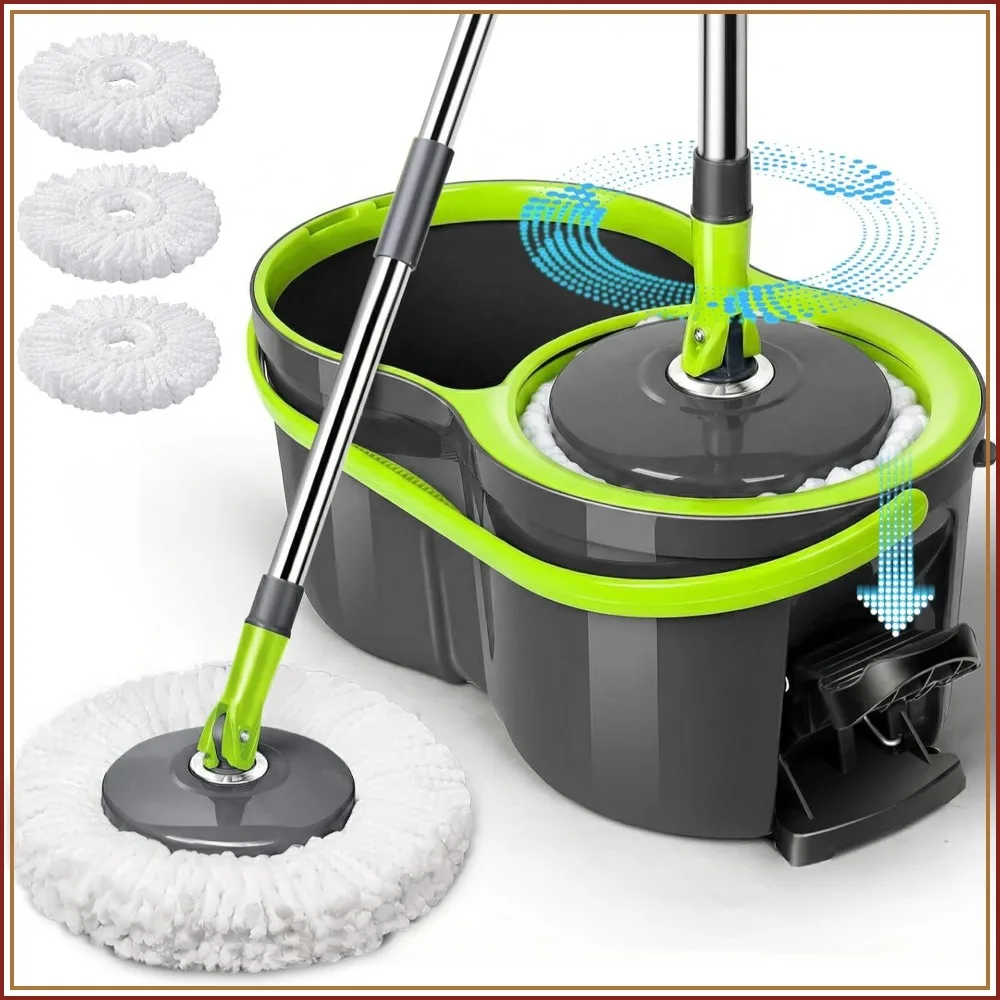 360° Spin Mop Bucket with Wringer, Hands-Free Pedal, Microfiber Pads for Hardwood & Tile