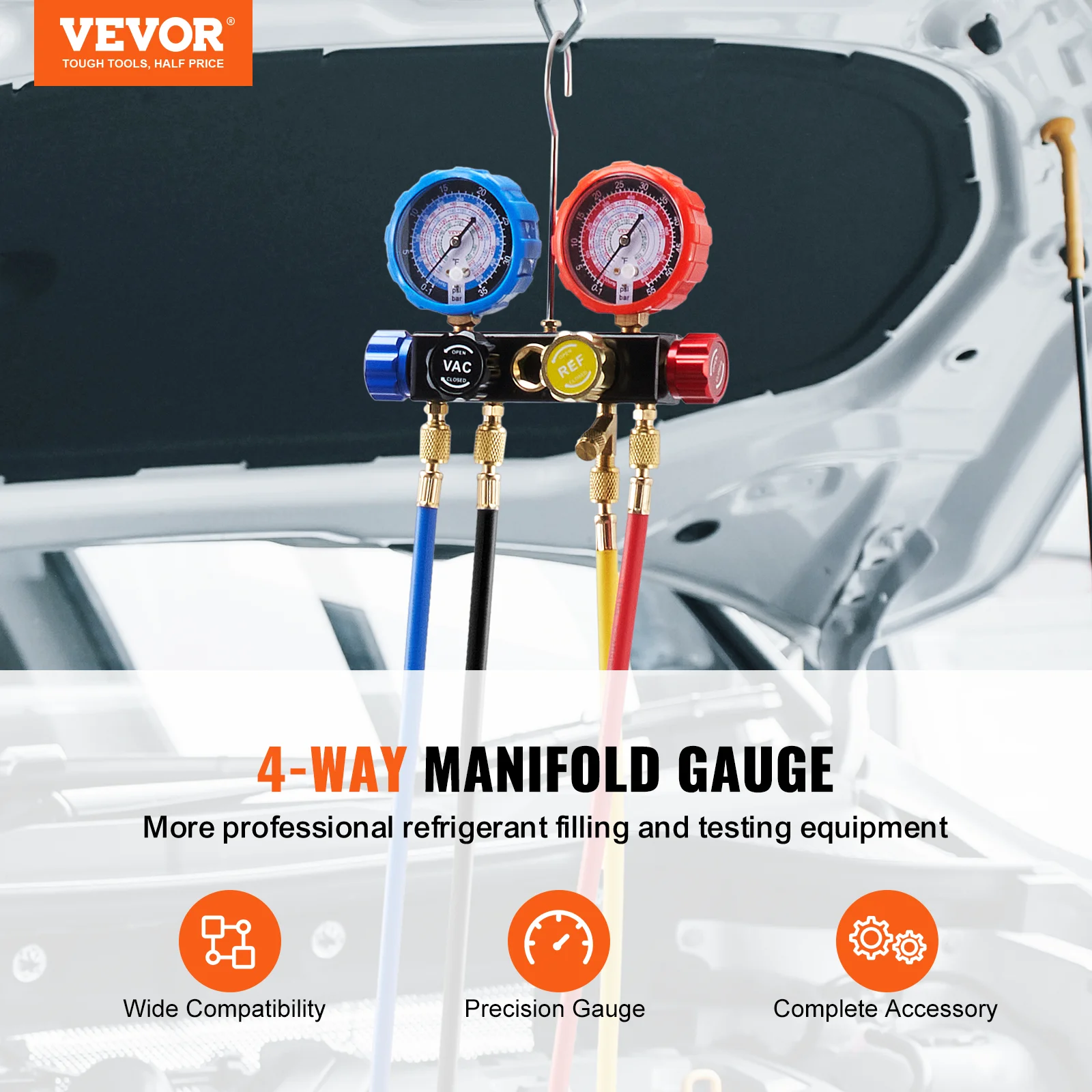 VEVOR 4 Way AC Gauge-AC Manifold Gauge Set with 5ft Hoses for R134A/R22/R12/R410A Work on Car Auto Freon Charging and Evacuation