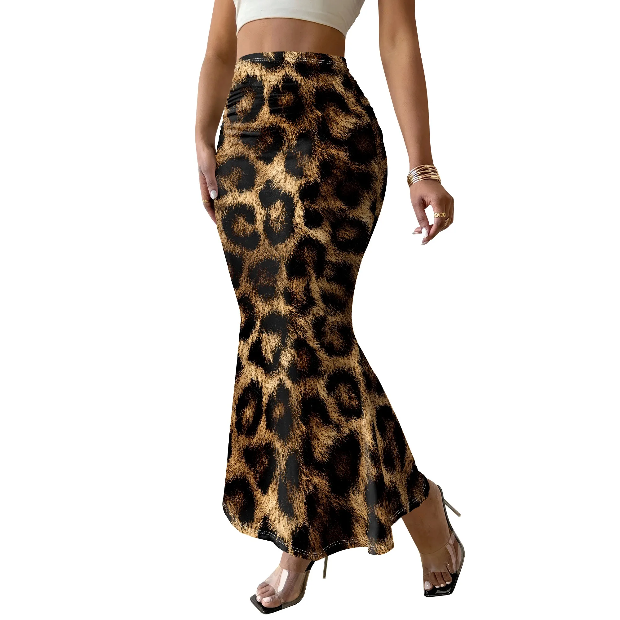 Leopard Print Maxi Skirt, Animal Pattern High Waist Mermaid Hem, Boho Chic Bottoms For Women Party Clubwear, S-2XL