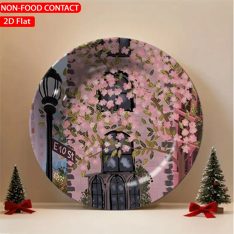 1pc Vintage Spring Blossom Building Pink Ceramic Plate - Non-Food Contact Suitable for Home Desk Decor, Retro Tableware for