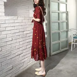 Summer V-Neck Stylish Drawstring Midi Dress Elegant A-Line Waist Female Clothing Casual Printed Elegant Ruffles Spliced Dresses