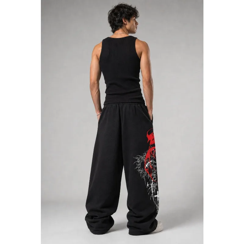 Gothic Horde Totem Wide Leg Sports Pants for WomenY2K Dark Street Style Loose Straight Running Pants Harikurus Punk Casual Pants