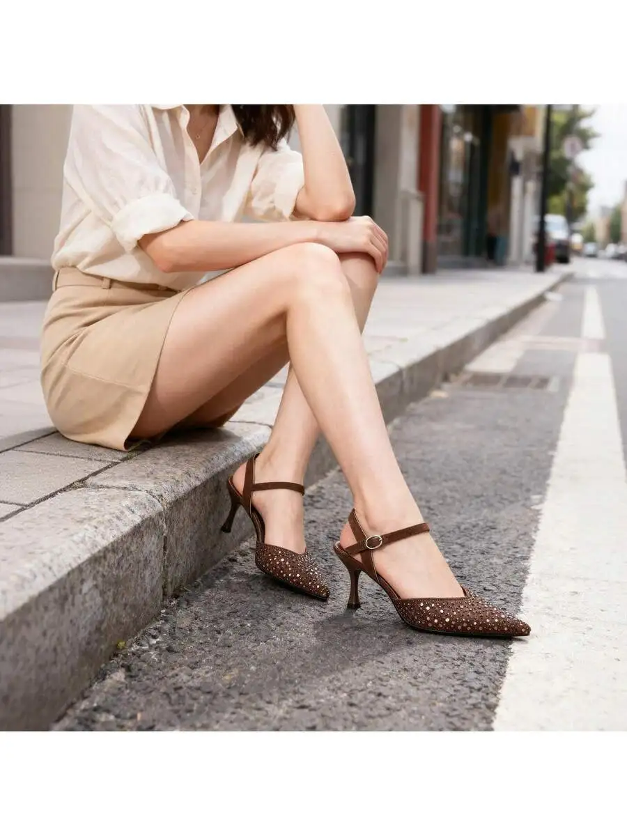 Womens Rhinestone Slingback Kitten Heels Faux Suede Pointed Toe Pumps For Office Dress Party