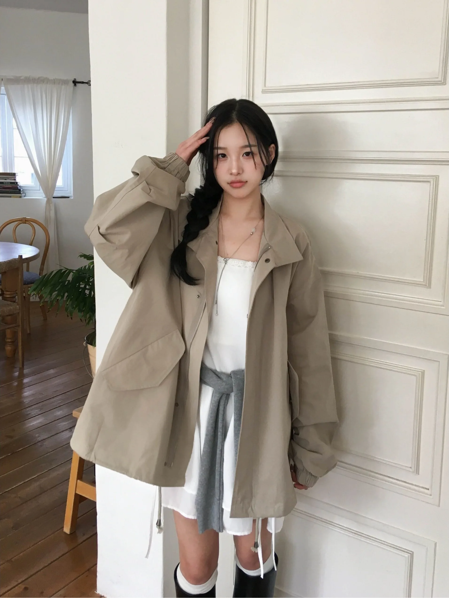 Retro Autumnal Women's Casual Workwear Coat Zipper Drawstring Waist Trench Fashionable Outerwear Korean Style Streetwear
