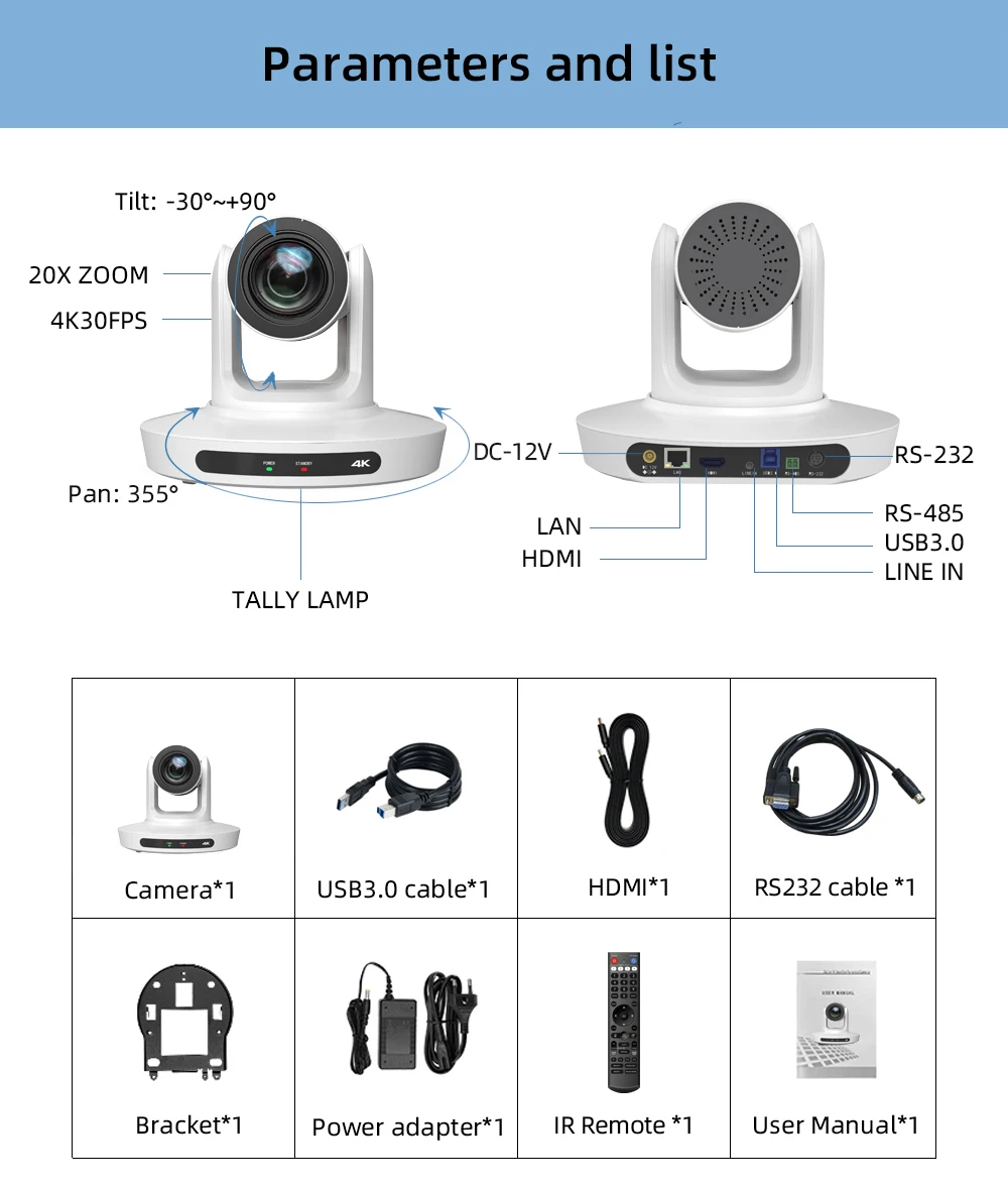 

4K Ultra HD camera HDM I IP 4k 8MP PelcoP/D POE Live Streaming Video Conference System USB3.0 USB Audio Live Broadcast
