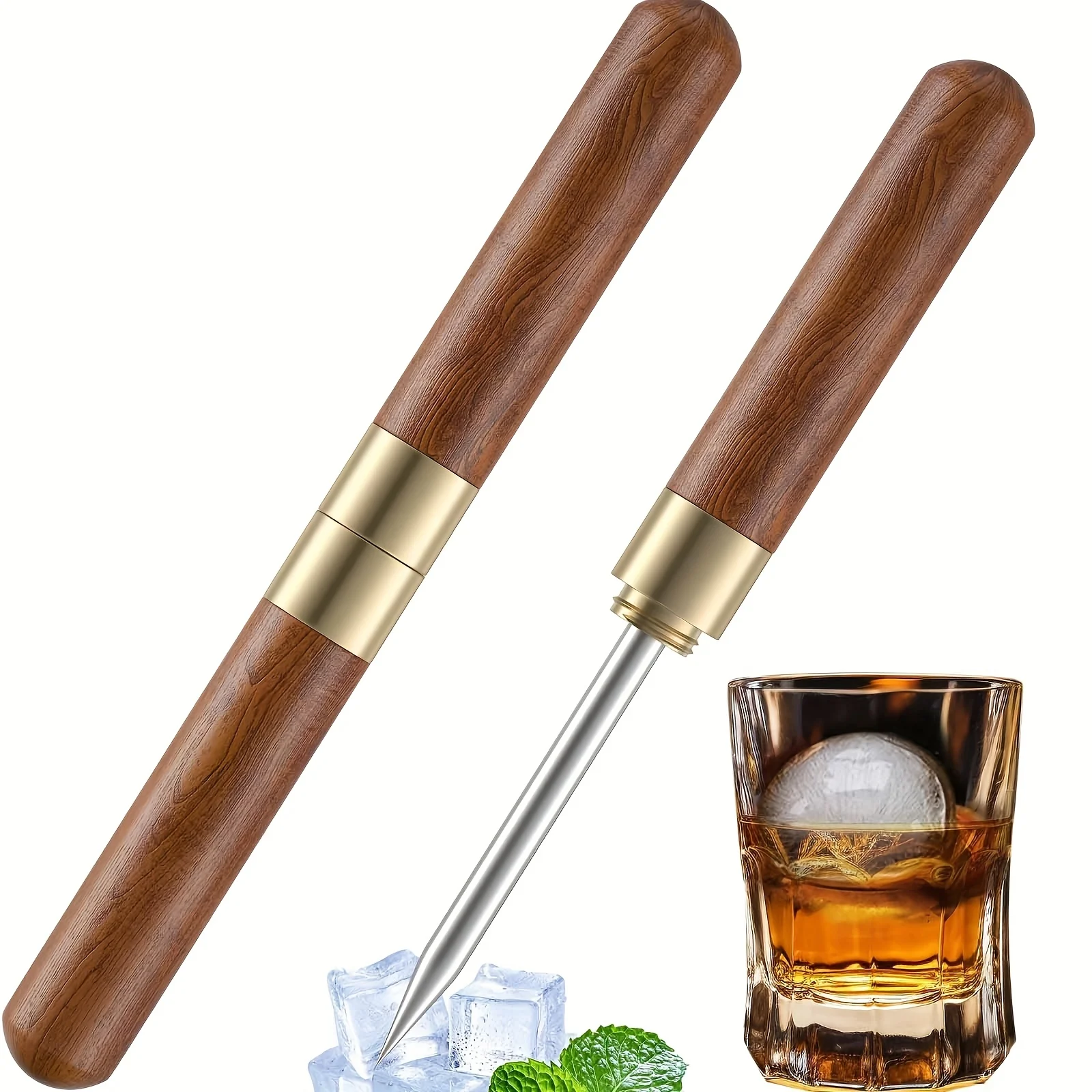 Picadores de hielo de acero inoxidable con cubierta de seguridad, herramienta rompehielos con mango de madera antideslizante para cocina, bares, bartenders, camping