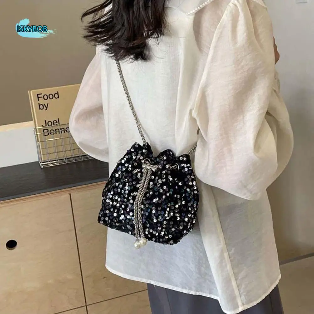 

Retro Shiny Evening Banquet Bag Handbag Small Purse Sequin Shoulder Bag Metal Chain Mini Bucket Bag Women