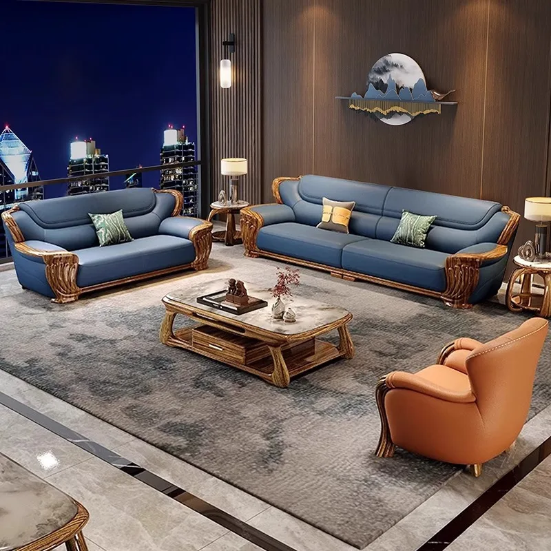 modern villa size apartment livi ng ro om first layer cowh ide new Chi nese solid wood furniture