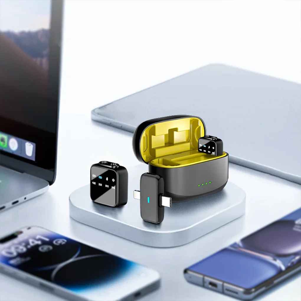 ميكروفون ستيريو لاسلكي 2.4G مع علبة شحن للمقابلة المباشرة في الهواء الطلق ميكروفون صغير لإلغاء الضوضاء