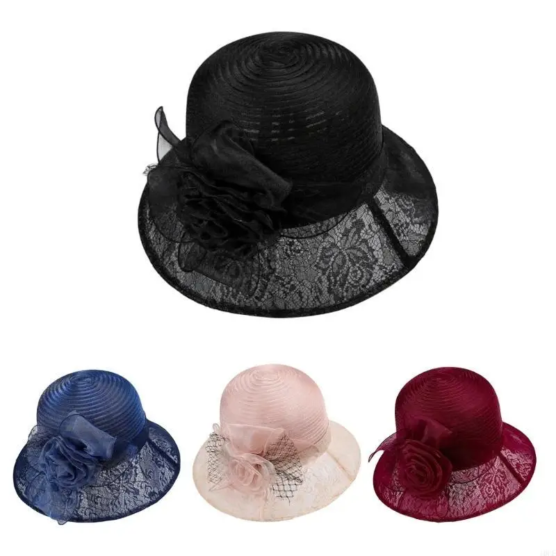 Woman Sheer Yarn Bucket Hat with Flower Decals Floppy Hat for Travel Casual 