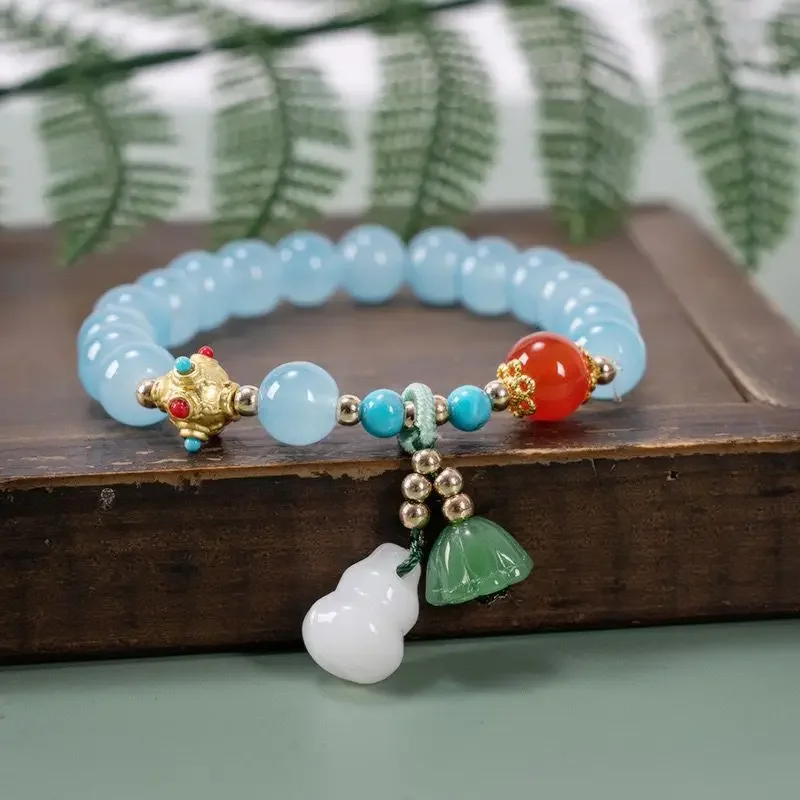 Chinese Style Colorful Glazed Lotus Bead Single Circle Bracelet Women's Exquisite White Jade Gourd Handstring Girlfriend Gift