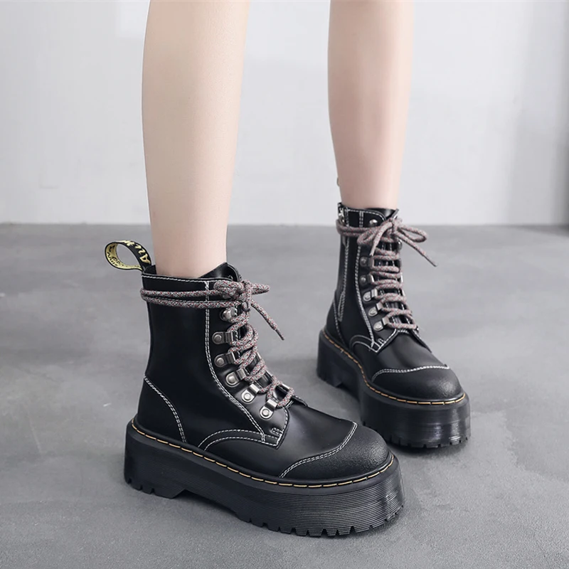 Woman Ankle Boots Genuine Leather Ladies Platform Shoe Gothic Bot Wedges Designer Shoes For Women Black Boot Punk Goth 2024 Aj19