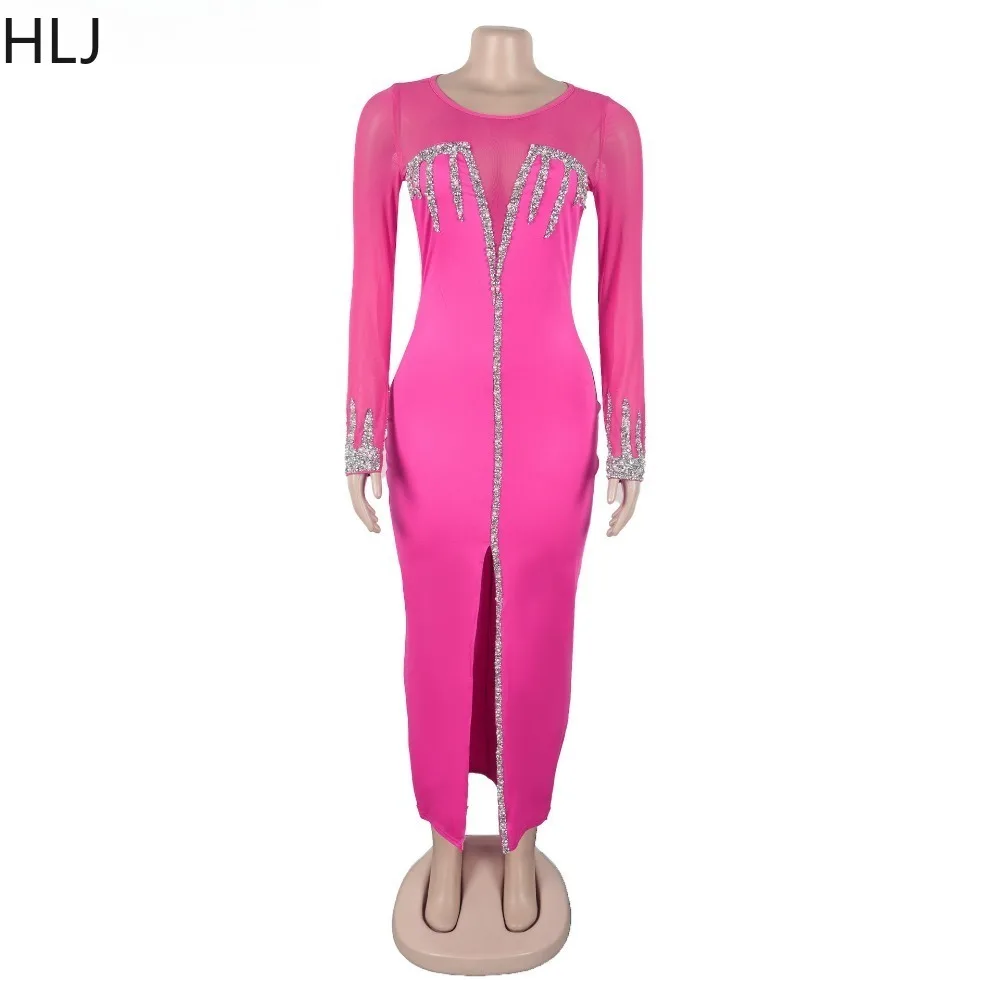 HLJ-Robe longue en maille avec biscuits pour femme, patchwork, rose, rouge, fente haute, batterie, mi-longue, slim, éducatif, 2025
