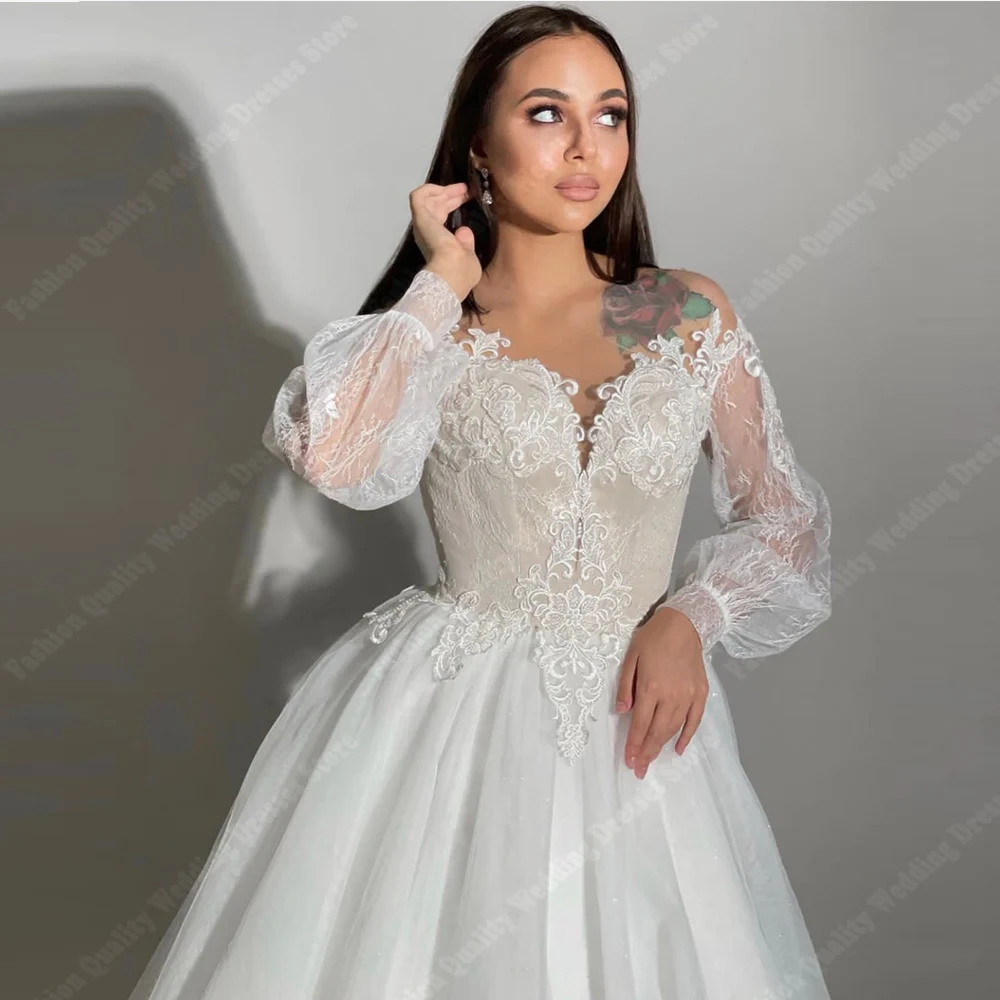 Vestidos De novia elegantes y populares De tul, cuello redondo, mangas largas, recién lanzados, 2024