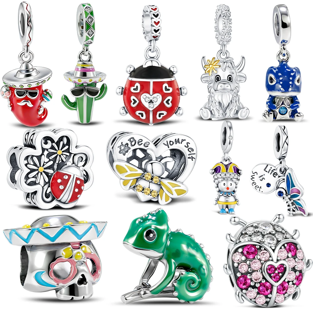 New 925 Sterling Silver Highland Cattle Pendant Bee Ladybug Chili Man Charm Jewelry Making For Classic Bracelet Ladies DIY Gift