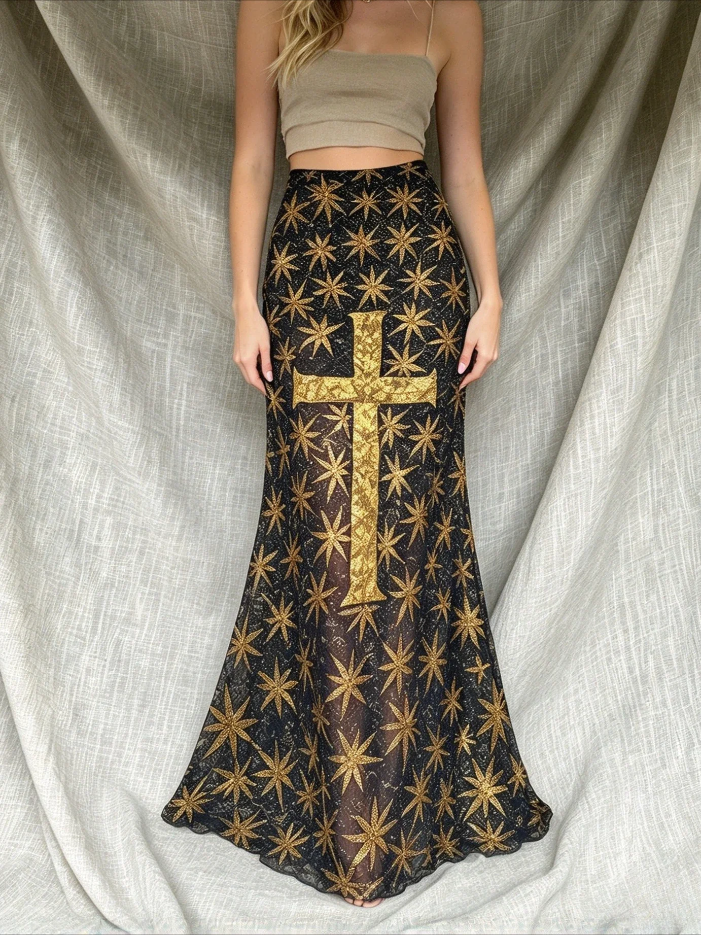 Vintage Gothic Cross All Over Print Star Mermaid Skirt Dark Alt Aesthetic Slim Bodycon Long Half Skirt