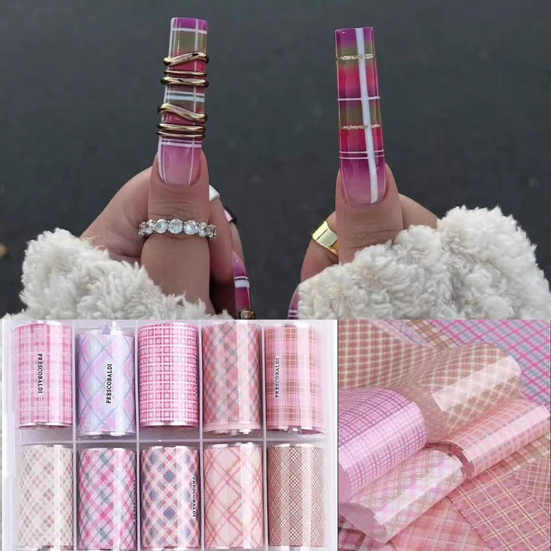 1box  Artistic Plaid Nail Transfer Foils Pink Grid Pattern Nail Stamping Stickers Sweety Cowboy Style Manicure Decals