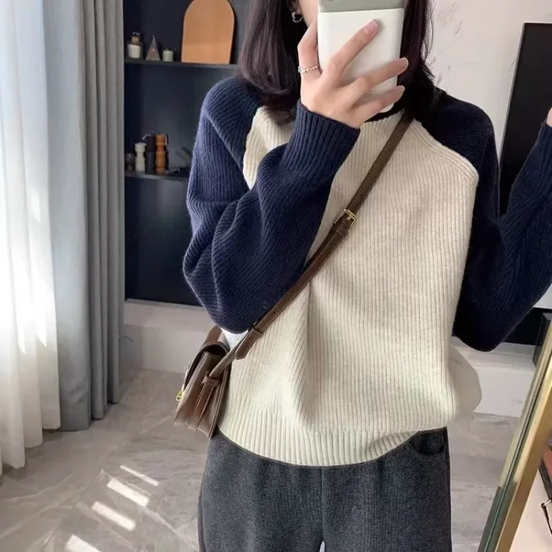 

100% Pure Cashmere Sweater for Women Soft & Warm Color Block Crew Neck Pullover Relaxed Fit Thickened Knit Top