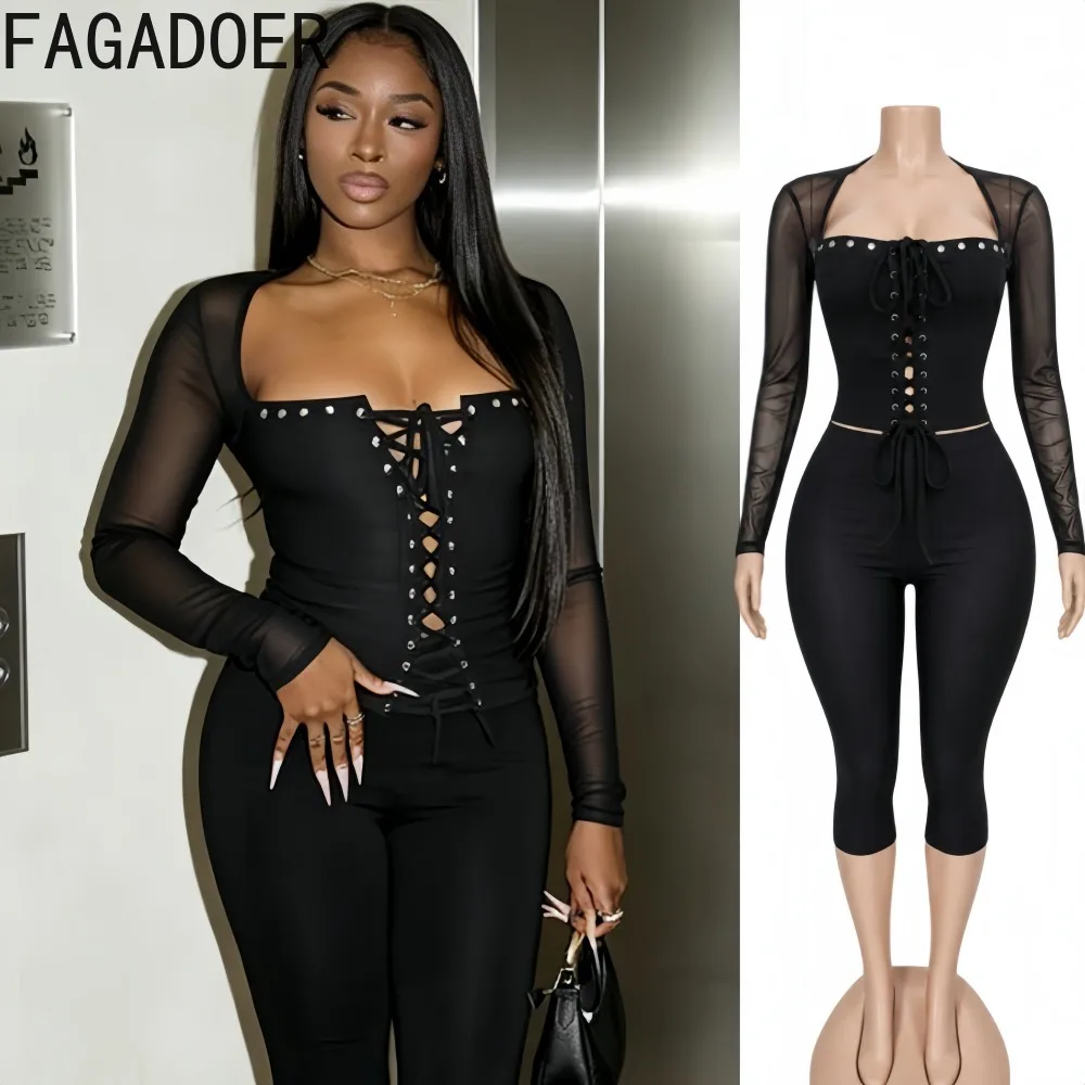 FAGADOER Women Lace Up Corset Two Piece Set Sheer Mesh Long Sleeve Top And Capri Pants Bodycon Sexy Y2K Clubwear Outfit New