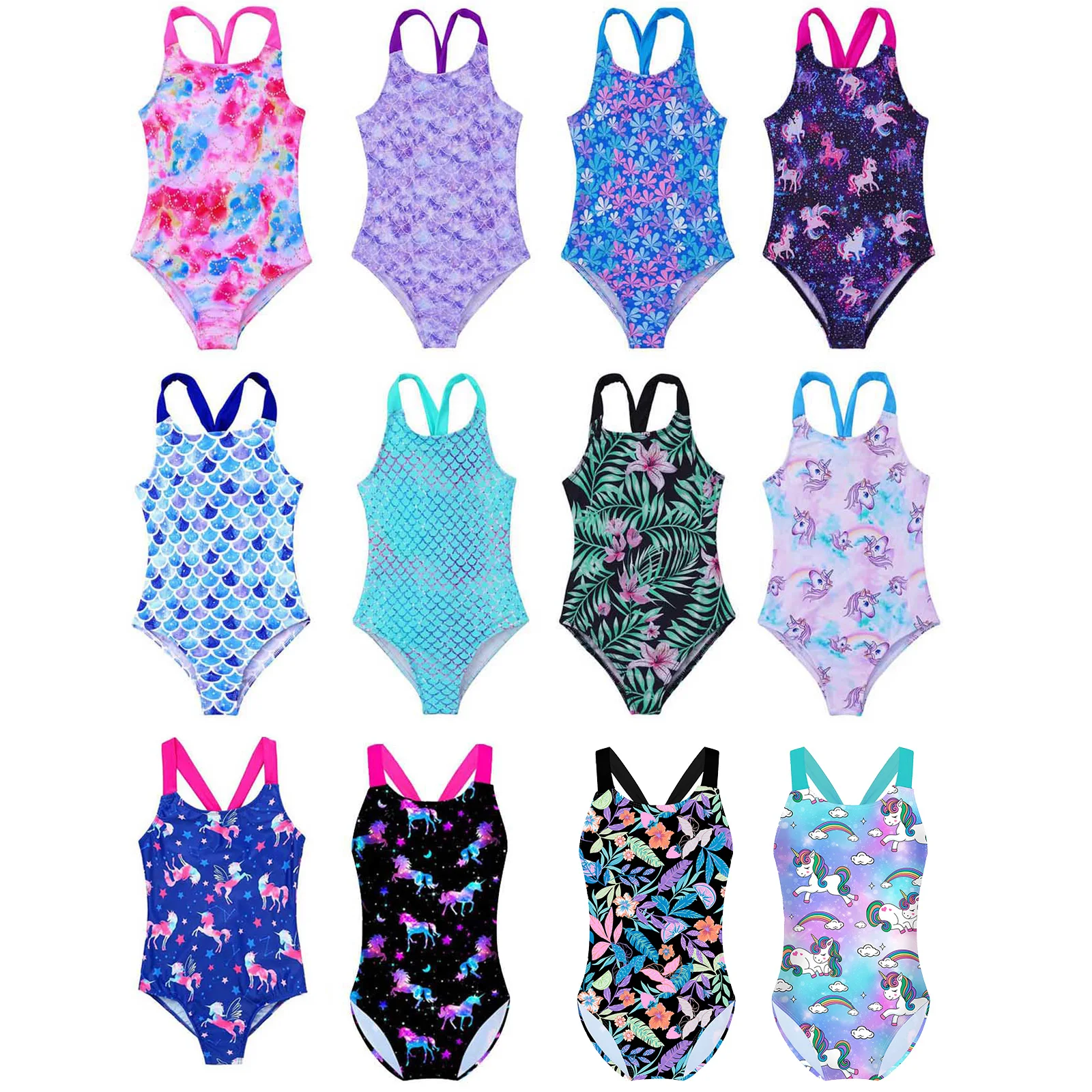 Little Girls Mermaid Fish Scales Swimsuit Sleeveless Cute Cartoon Print One-piece Swimwear Summer Beachwear Bathing Suit