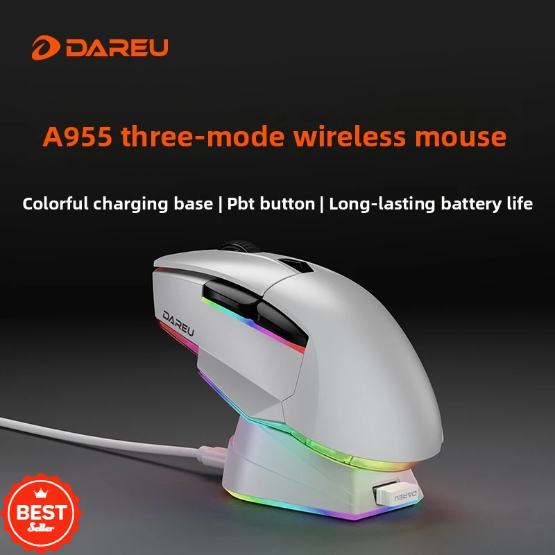 

DAREU A955 Esports Gaming Mouse Tri-mode PBT Key Design Light Strip with Charging Dock Multi-System AIM-WL Tracking Engine