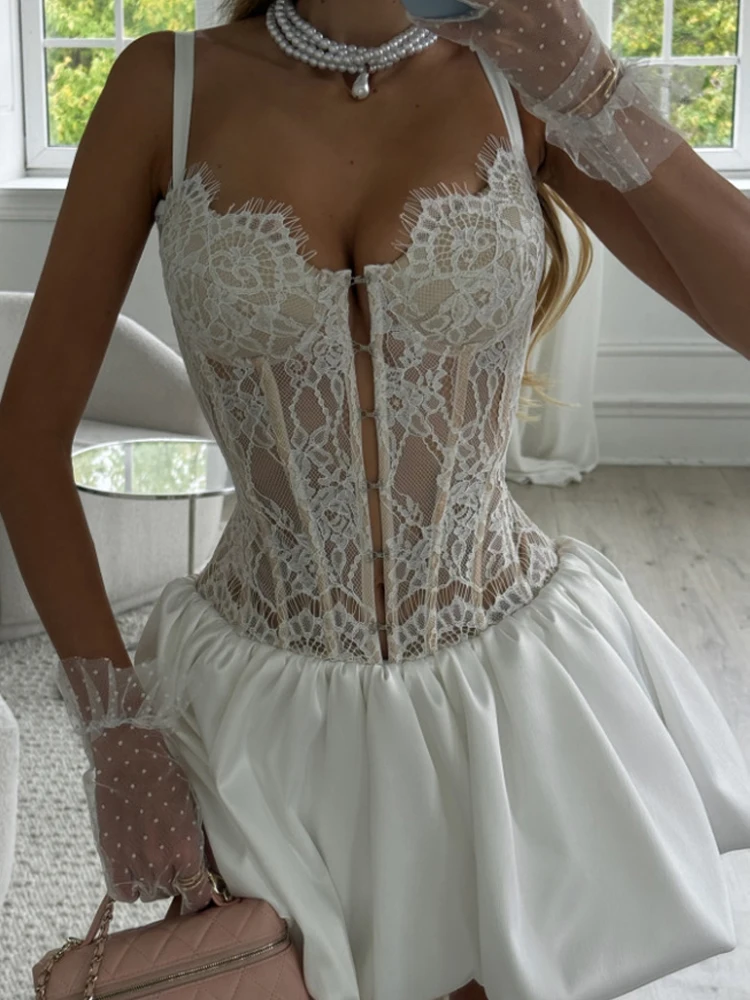 Vestido acampanado sin mangas de retazos de encaje sexi, Vestido corto ajustado bordado a la moda para mujer, minivestido elegante con hombros descubiertos y espalda descubierta