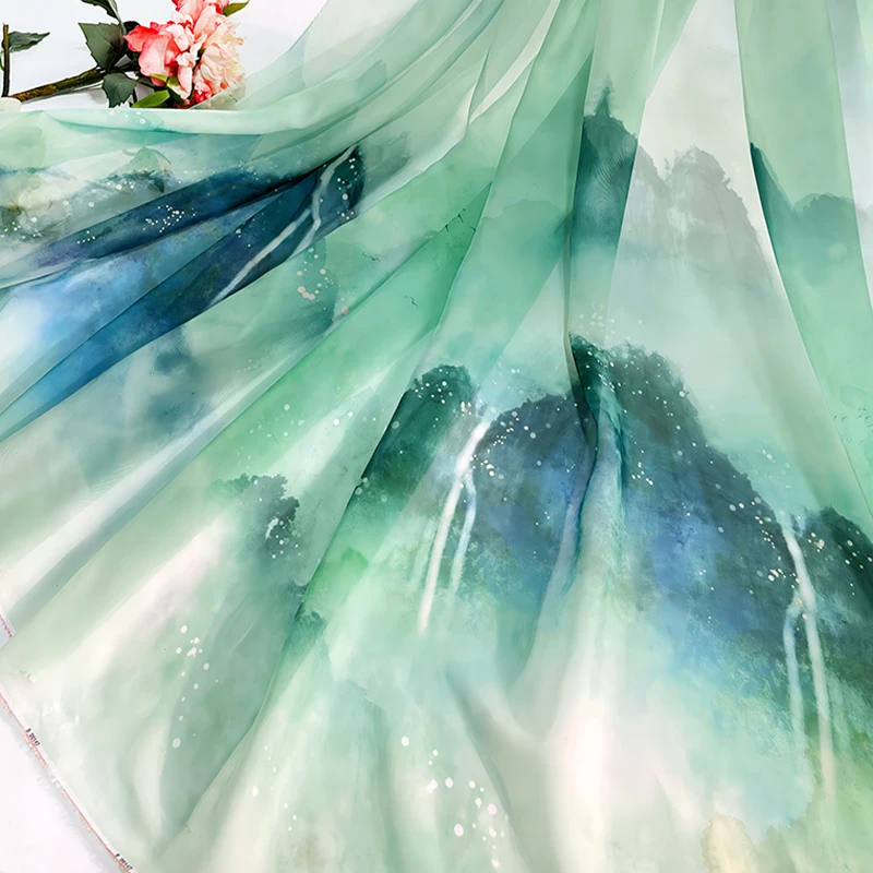 

100x150cm Chinese Landscape Printed Chiffon Fabric Ink Painting Style Tulle Lace Fabric DIY Sewing Dress Hanfu Stage Costume