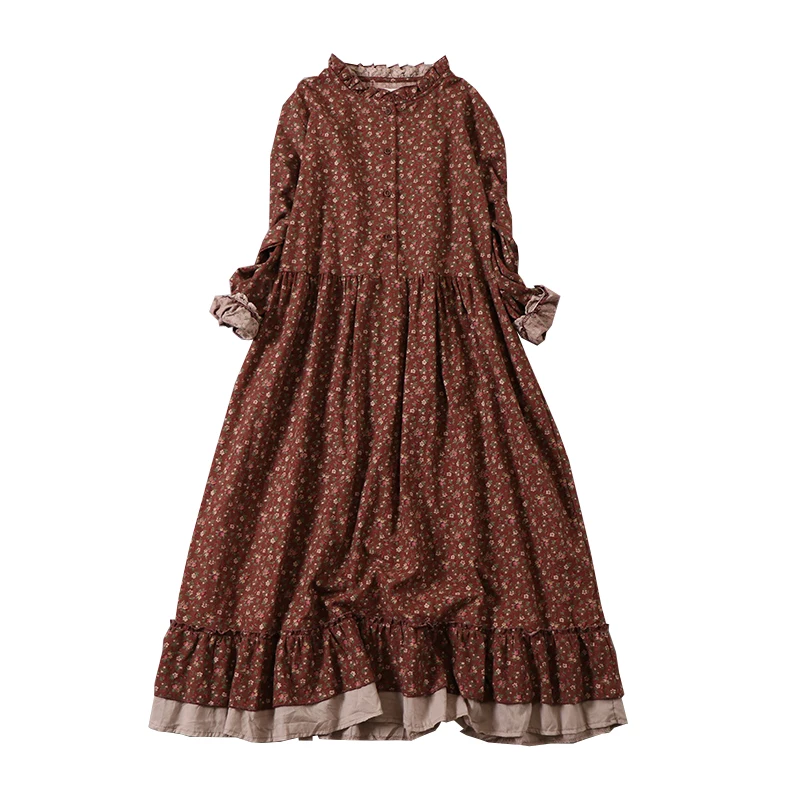 Japanese Mori Girl Vintage Floral Print Ruffled Cotton Dress Women Spring Autumn Long Sleeve Casual Loose Retro A-line Dresses