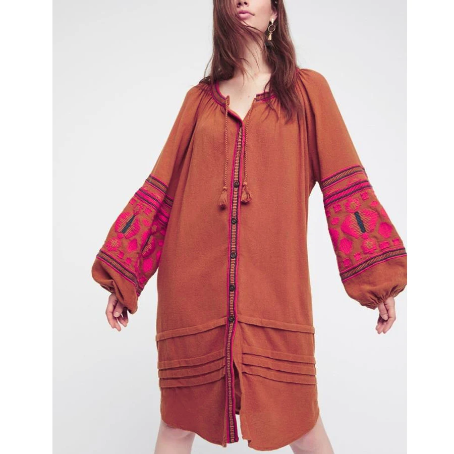 TEELYNN Boho Beach dress 2025 autumn cotton floral embroidery large lantern long sleeve o-neck loose Hippie women dresses Autumn