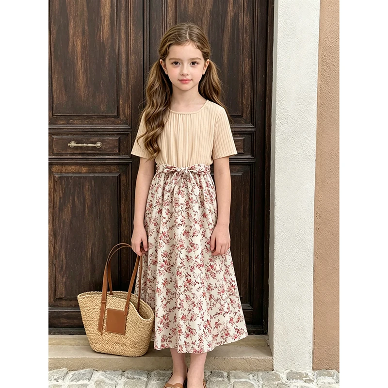 Beige gestricktes, quadratisches Kragen-Patchwork-Kleid mit Gürtel, Ditsy-A-Linien-Kleid, lässiger Stil, Tween-Kinderkleid, Urlaub, ausgehendes Alltagskleid