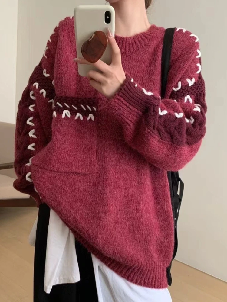 

Lazy Style Design Pullovers Long Sleeve Pockets Contrast Color Sweaters Fashion Vintage Knit Tops Loose 2025 New Women Clothing