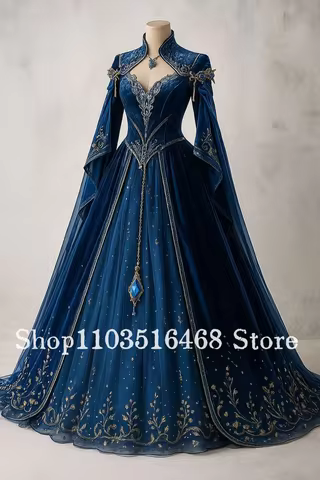 Customized Sapphire Blue Vintage Victorian Ball Gown Embroidered Corset Special Occasion Evening Dress Homecoming Prom Dress
