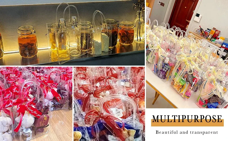 10–100 Stück durchsichtige Geschenktüten aus Kunststoff mit Griff, transparente Geschenktüte, wiederverwendbare Einkaufstasche, PVC-Goodie-Taschen für Hochzeits-Partyzubehör – Detail 7