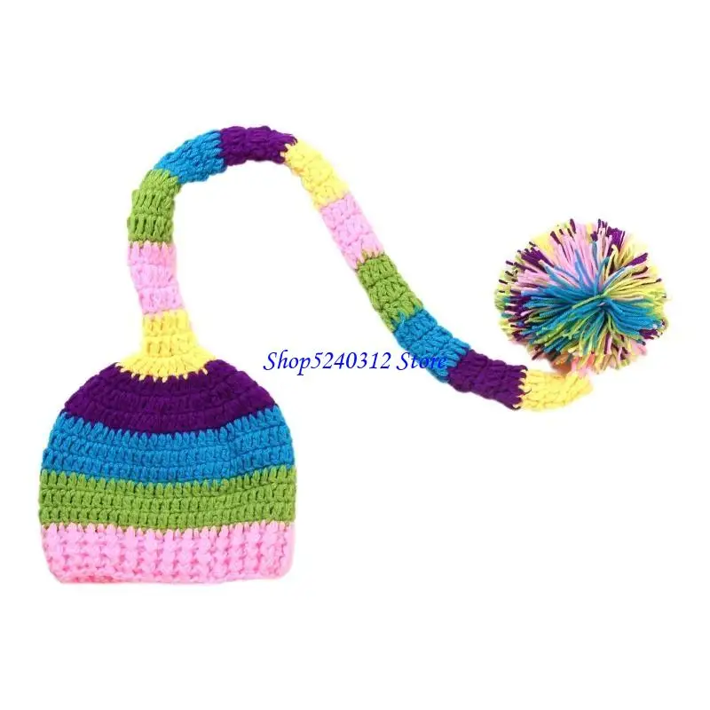 634C Handmade Crochet Knitted Hat with Braids Colorful Stripe Hat for 0-3 Months Baby