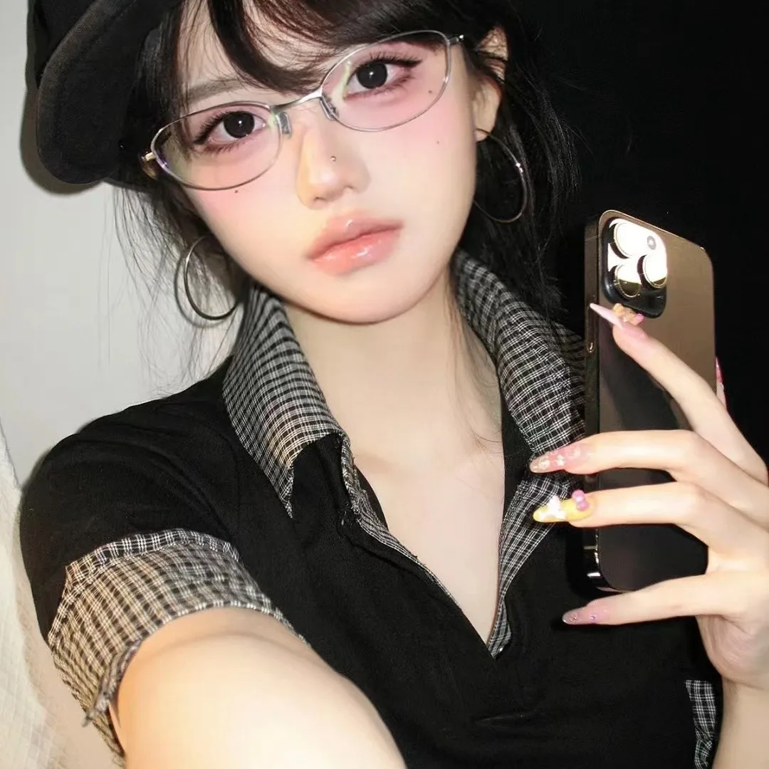 Korea Retro Alloy Anti-Blue Glasses Frame Women INS No Makeup Plain Glasses Men Decorative Computer Glasses